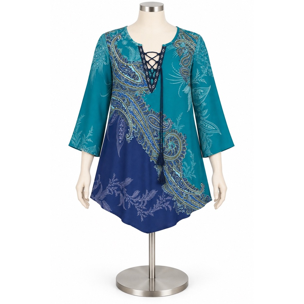 French Blue Paisley Lace Up Tassel Blouse Teal Navy Bell Sleeve M171203 Medium